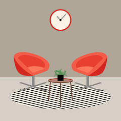 flat modern living room with orange armchairs, interior design elements, vector illustration