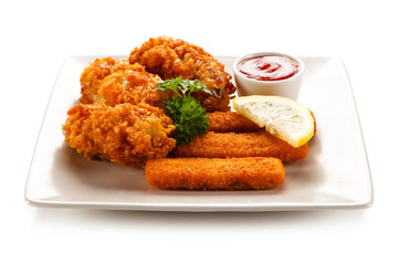 Fried fish fingers with chicken nuggets