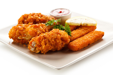 Fried fish fingers with chicken nuggets