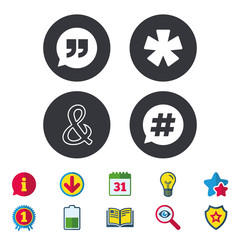 Quote, asterisk footnote icons. Hashtag symbol.