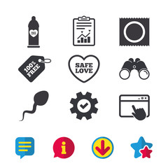 Safe sex love icons. Condom in package symbols.