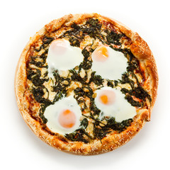 Vegetarian pizza with eggs, spinach and onion