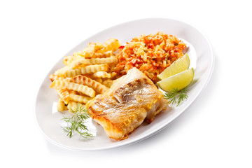 Fish dish - fried fish fillet french fries and vegetables