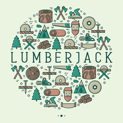 Logging and lumberjack with beard concept in circle and related thin line icons: jack-plane, sawmill, forestry equipment, timber, lumber. Vector illustration for banner, web page, print media.