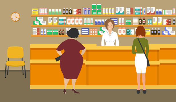 Web banner of a pharmacist. Young woman at the workplace in a pharmacy: standing in front of shelves with medicines.There are also visitors here. Vector illustration