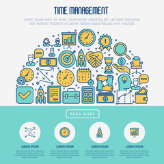 Time management concept in half circle with thin line icons. Development of business process. Vector illustration for banner, web page, print media.