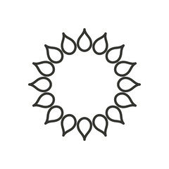 Stylized sun logo. Line icon of sun, flower. Isolated black outline logo on white background.