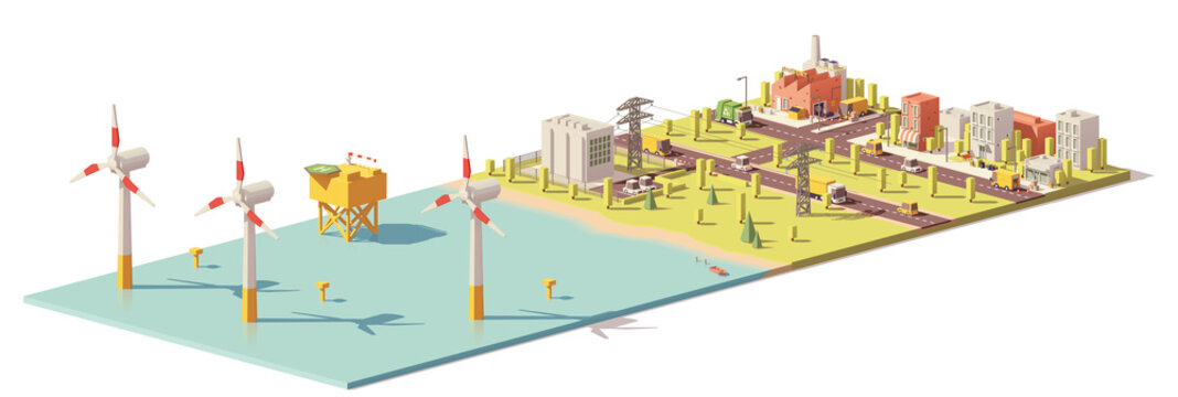Vector low poly wind turbines power plant
