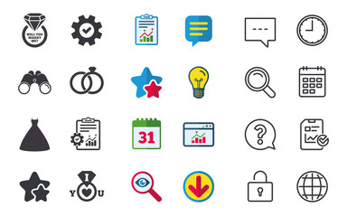 Wedding dress icon. Bride and groom rings symbol.