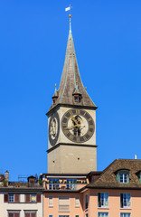 Fototapeta na wymiar Clock tower of the St. Peter Church in the city of Zurich, Switzerland