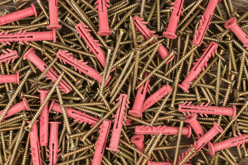 Background of dowels and nails. This quick installation components of rapid installation (dowels, screws).