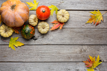 Autumn background with yellow leaves and pumpkins