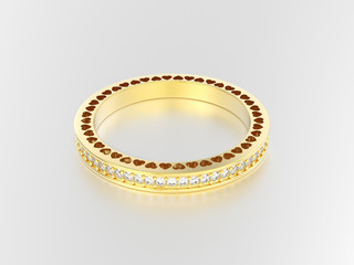 3D illustration yellow gold eternity band ring with diamonds and hearts with reflection on a grey background