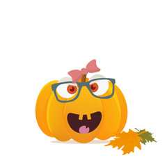 Fall or Autumn Fest or Festival Pumpkin or squash character with girly face and hair bow on. Great as a mascot for Harvest Feast. Could be also used for Halloween evening materials.