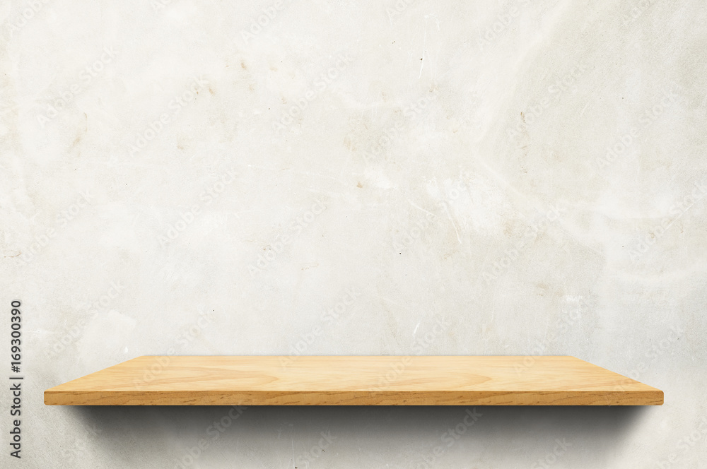 Poster empty wood board shelf at concrete wall background,mock up for display or montage of product or desi