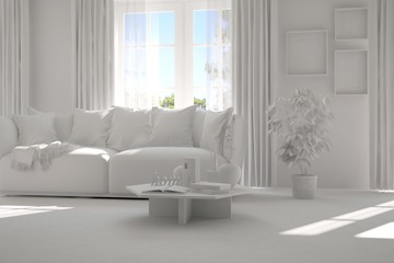 Idea of white room with sofa. Scandinavian interior design. 3D illustration