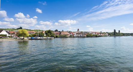 Fototapeta na wymiar Town view of Hagenau at Lake Constance with marina and bank view - Hagnau, Lake Constance, Baden-Wuerttemberg, Germany, Europe