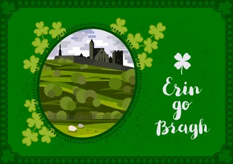 Wall murals Green Vector greeting card. Irish landscape with Cashel Castle, clover leaves and lettering quote.