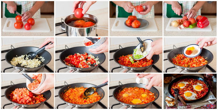 A Step by Step Collage of Making Shakshouka
