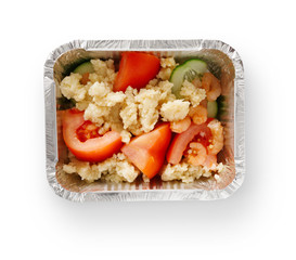 Healthy food in boxes, diet concept. Rice, tomato, cucumber and shrimps