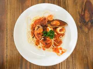 Spaghetti pasta with seafood (Taken with Smartphone)