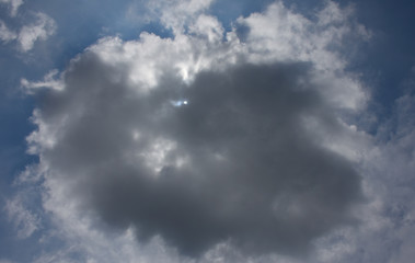 雲から透けて見える太陽と青空「空想・雲のモンスター〔ドラゴンの顔（太陽が目）などが現れはじめたイメージ〕」天国、降臨、神々しい、成功、未来、夢などのイメージ（雲などにキャッチコピースペース）