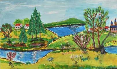 colourful painting of little village and lake