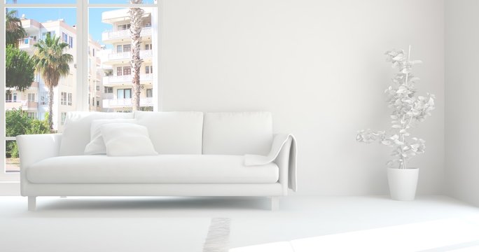 Idea of white room with sofa. Scandinavian interior design. 3D illustration