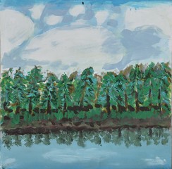 colourful painting of forest and river