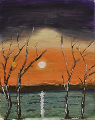 colourful painting sunset in a lake with trees