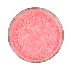 Glass of raspberry yogurt with mint leaves isolated on white background. Top view