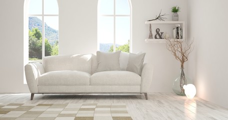 Idea of white room with sofa and summer landscape in window. Scandinavian interior design. 3D illustration
