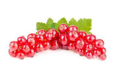 Red currant berries with leaf isolated on white background