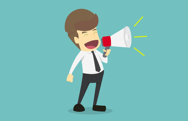 Businessman talking into megaphone. Make an announcement.Cartoon of business success is the concept of the man characters business, the mood of people, can be used as a background. vector illustration