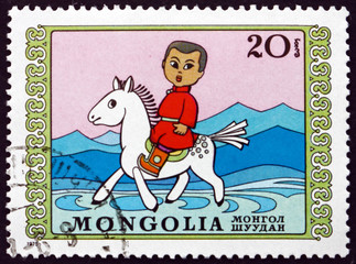 Postage stamp Mongolia 1975 Boy on Horseback, Puppet Theater