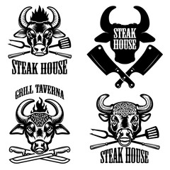 Set of steak house emblems. Fresh beef. Bull heads.