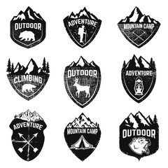 Naklejka premium Set of mountain camping, outdoor adventure, mountains labels. Design elements for logo, label, emblem, sign. Vector illustration