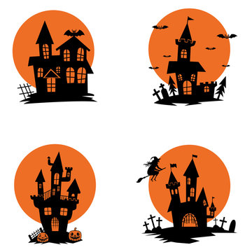 Set of ghost houses. Halloween theme. Design elements for poster, greeting card, invitation.