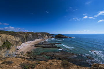 View of the Alteirinhos Beach (Praia dos Alteirinhos) near Zambujeira do Mar in Odemira, Alentejo, Portugal; Concept for travel in Portugal and summer vacations in Portugal