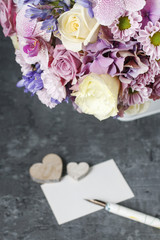 Lovely bouquet of pink orchids, chrysanthemums and hortensias