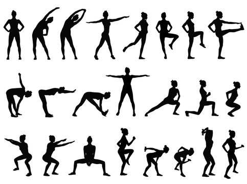 Set of silhouettes of woman doing sport exercises in standing positions.