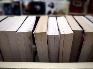 Books arranged on a bookshelf