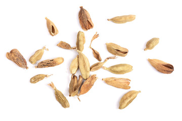 Dried cardamom seeds isolated on white background top view