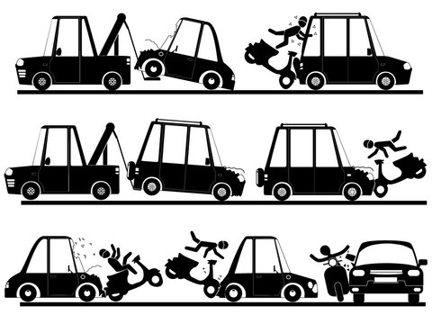 motorbike accident with car in silhouette set.