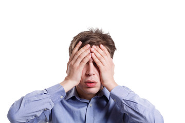 Shocked man covering eyes with palms, isolated on white