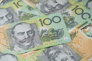 close up of Australian one hundred dollar bills, finance, currency and business concept