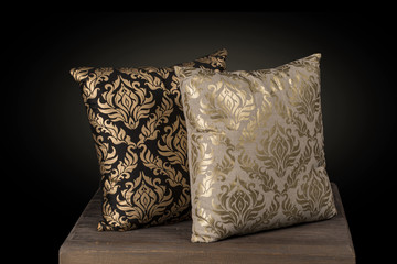 Two Cushion pillows hand embroidered silk threads print in Gold color and beautiful abstract floral pattern for layering over bed linen or sofa.