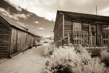 House on streed in Bodie, California in sepia