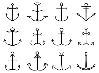 Set of anchors in grunge style on white background