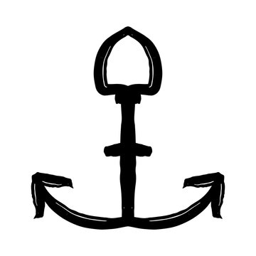 Hand drawn watercolor black anchor on a white background. Grunge anchor icon.